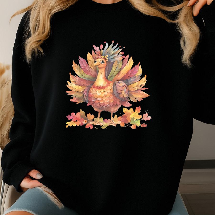 Thanksgiving Shirt Colorful Watercolor Turkey Autumn Leaves Fall Harvest Long Sve Graphic Tee Unique Holiday Gift For Women Men Sweatshirt