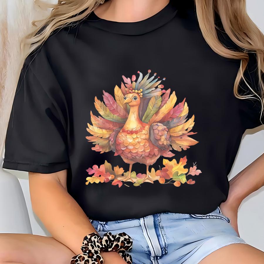 Thanksgiving Shirt Colorful Watercolor Turkey Autumn Leaves Fall Harvest Long Sve Graphic Tee Unique Holiday Gift For Women Men T-shirt