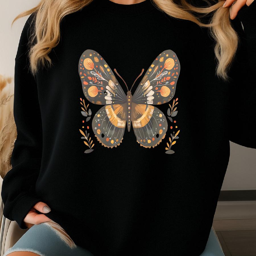 Boho Butterfly Graphic Long Sve Shirt Floral Nature Art Cream Casual Unique Artistic Pullover Gift For Her Eco Printed Tee Sweatshirt