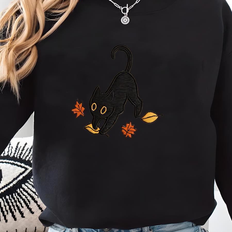 Cute Cozy Black Cat Sweatshirt | Autumn Leaves Fall Pullover | Halloween Cat Lover Shirt | Cozy Y Gift Crewneck Sweatshirt