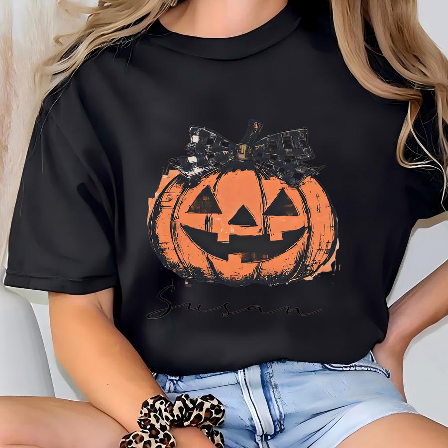 Custom Halloween Trick Or Treat With Personalized Name: Funny Scary Pumpkin Faces Candy Sack, Halloween Party S For Women T-shirt