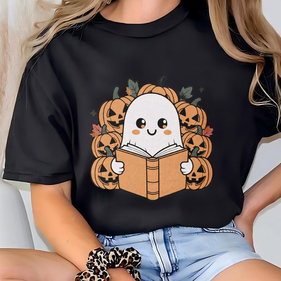 Cute Halloween Ghost Reading Shirt Kids | Pumpkin Ghost Hoodie | Spooky Cute Halloween Shirt For Boys Girls Toddler Youth, Fall Shirts T-shirt