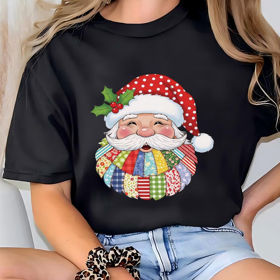 Patchwork Santa Shirt, Retro Santa Sweatshirt, Retro Christmas Santa Tee, Holiday Clothing Women, Cute Santa Claus Xmas Tee, Funny Santa Tee T-shirt