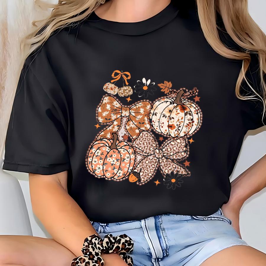 Floral Pumpkin Bow Sweatshirt, Fall Cozy Aesthetic Hoodie, Cute Autumn Daisy Leopard Print Crewneck Shirt And Sweatshirt T-shirt