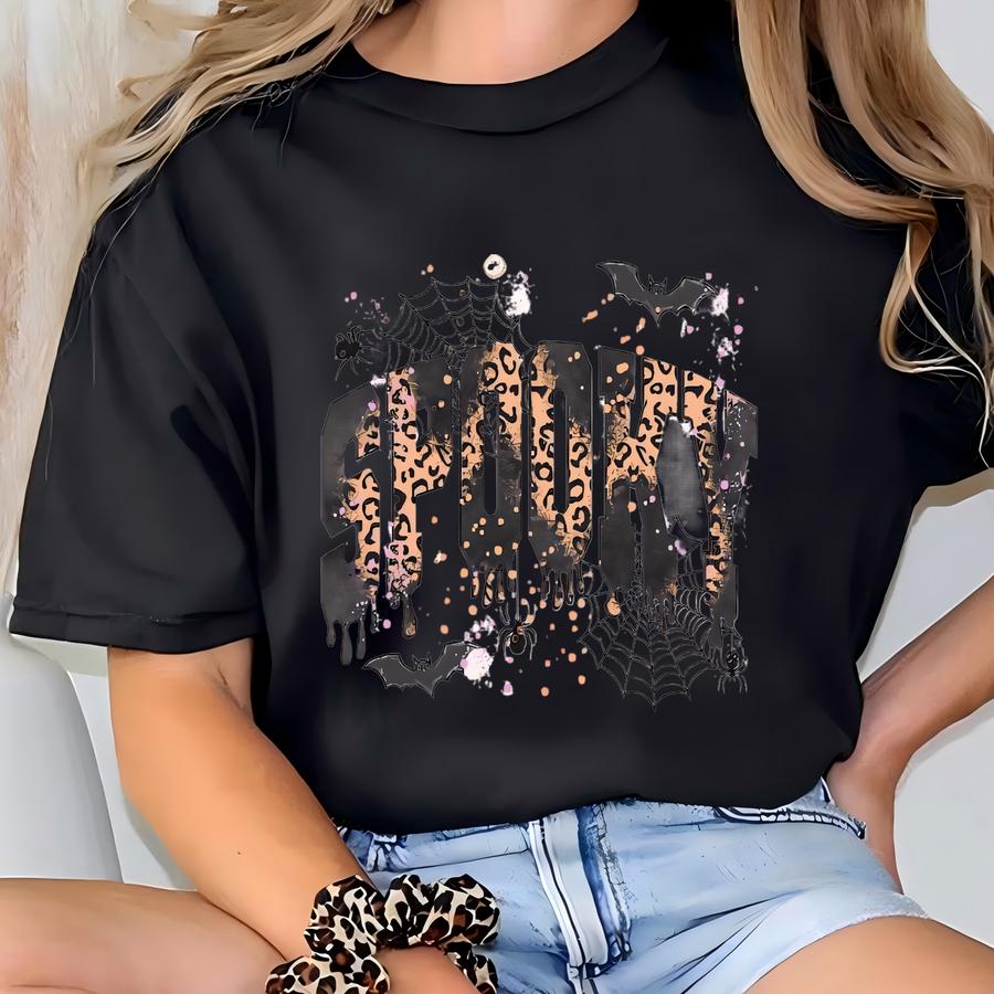 Spooky Halloween Sweatshirt, Leopard Print Spooky Shirt, Cute Bat Spiderweb Fall Hoodie, Retro Dripping Letters Top T-shirt