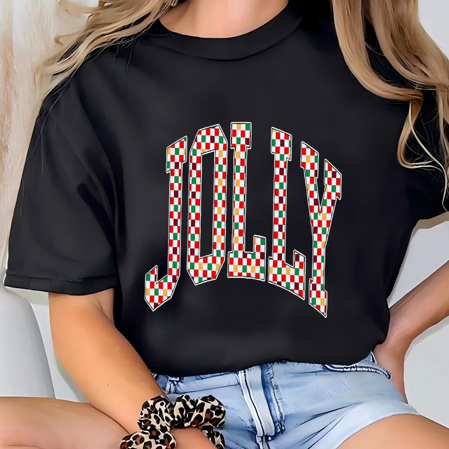 Checkered Retro Jolly Sweatshirt, Merry Christmas Sweatshirt, Festive Holiday Sweater, Cute Christmas Gift, Varsity Aesthetic Xmas Crewneck T-shirt