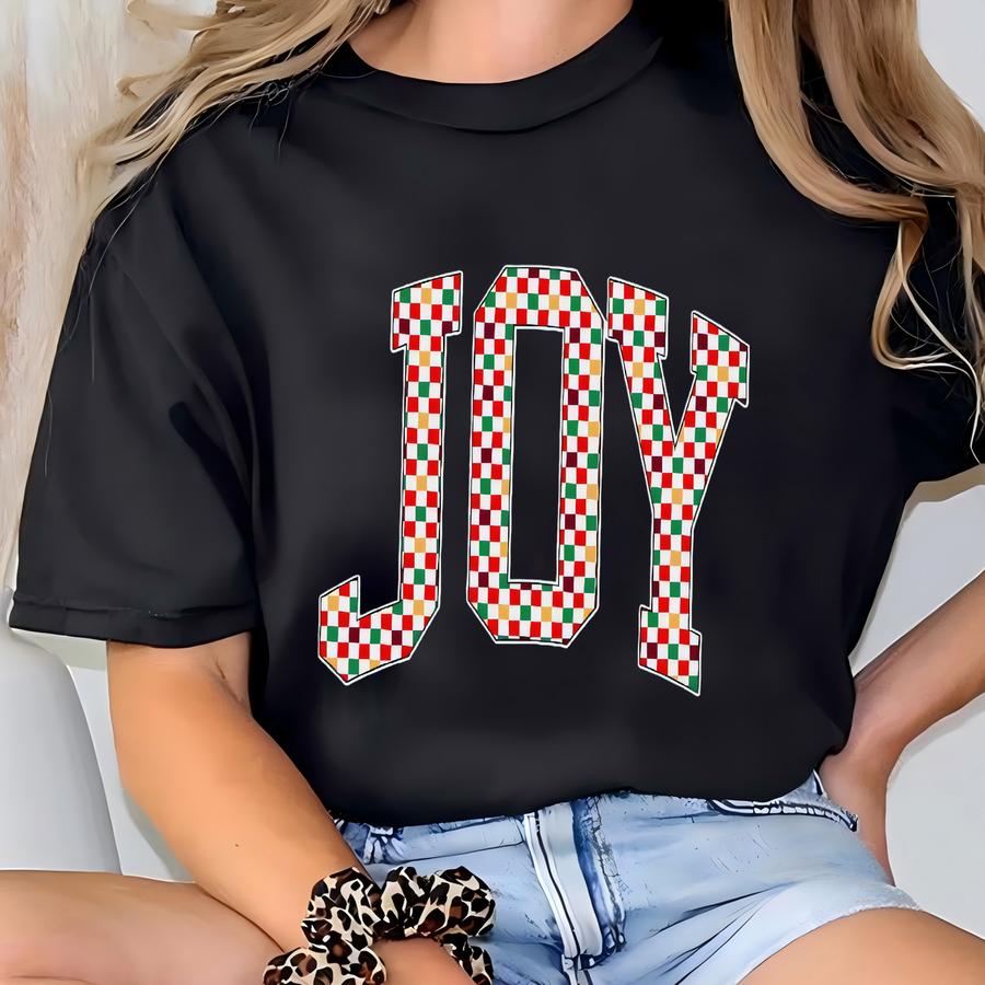 Checkered Retro Joy Sweatshirt, Merry Christmas Sweatshirt, Festive Holiday Sweater, Cute Christmas Gift, Varsity Aesthetic Xmas Crewneck T-shirt