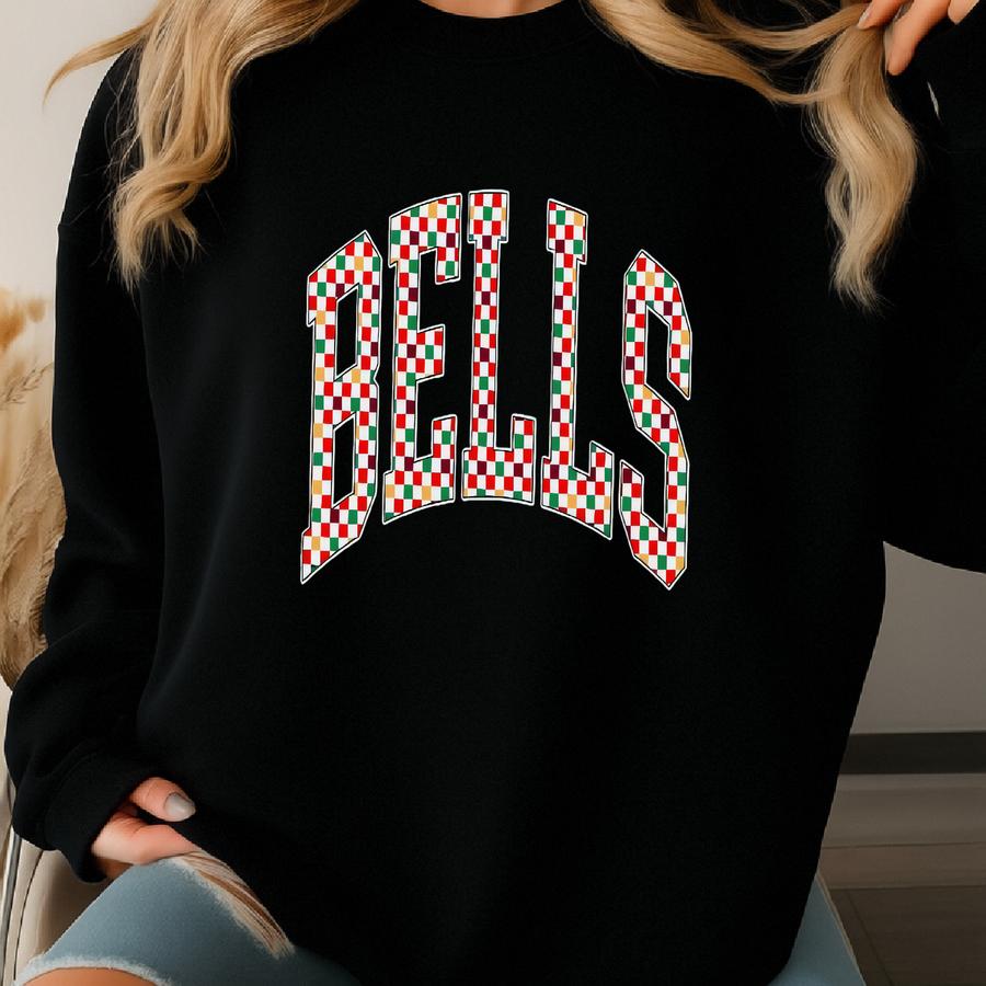 Checkered Retro Bells Sweatshirt, Merry Christmas Sweatshirt, Festive Holiday Sweater, Cute Christmas Gift, Varsity Aesthetic Xmas Crewneck Sweatshirt