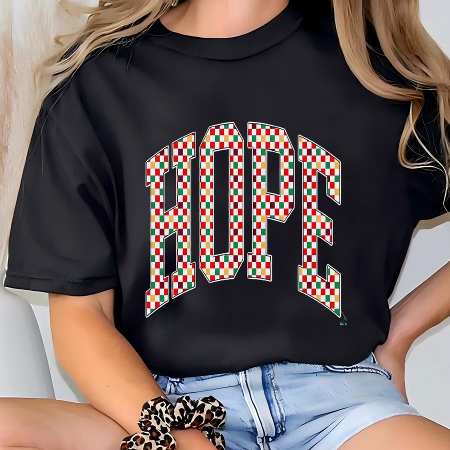 Checkered Retro Hope Sweatshirt, Merry Christmas Sweatshirt, Festive Holiday Sweater, Cute Christmas Gift, Varsity Aesthetic Xmas Crewneck T-shirt