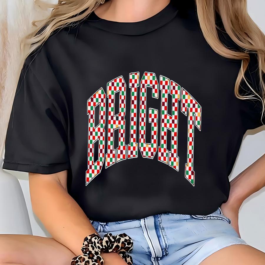 Checkered Retro Bright Sweatshirt, Merry Christmas Sweatshirt, Festive Holiday Sweater, Cute Christmas Gift, Varsity Aesthetic Xmas Crewneck T-shirt