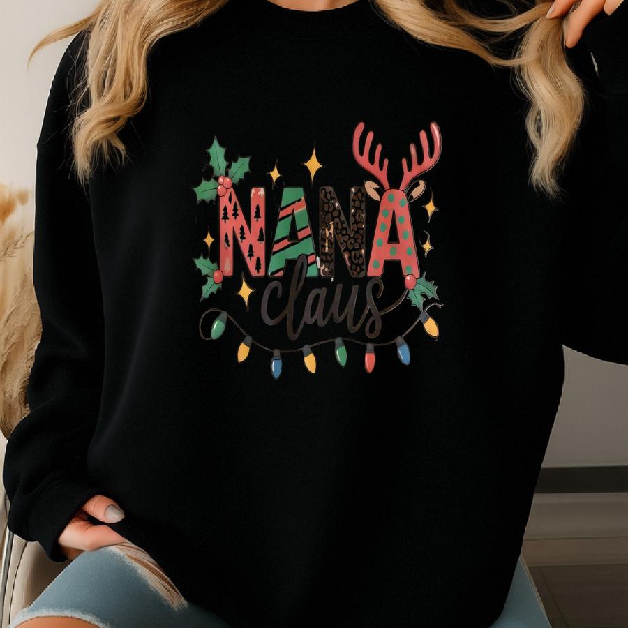 Nana Claus Christmas Bleached Flannel Shirt Holiday Lights Reindeer Antlers Festive Plaid Top Sweatshirt