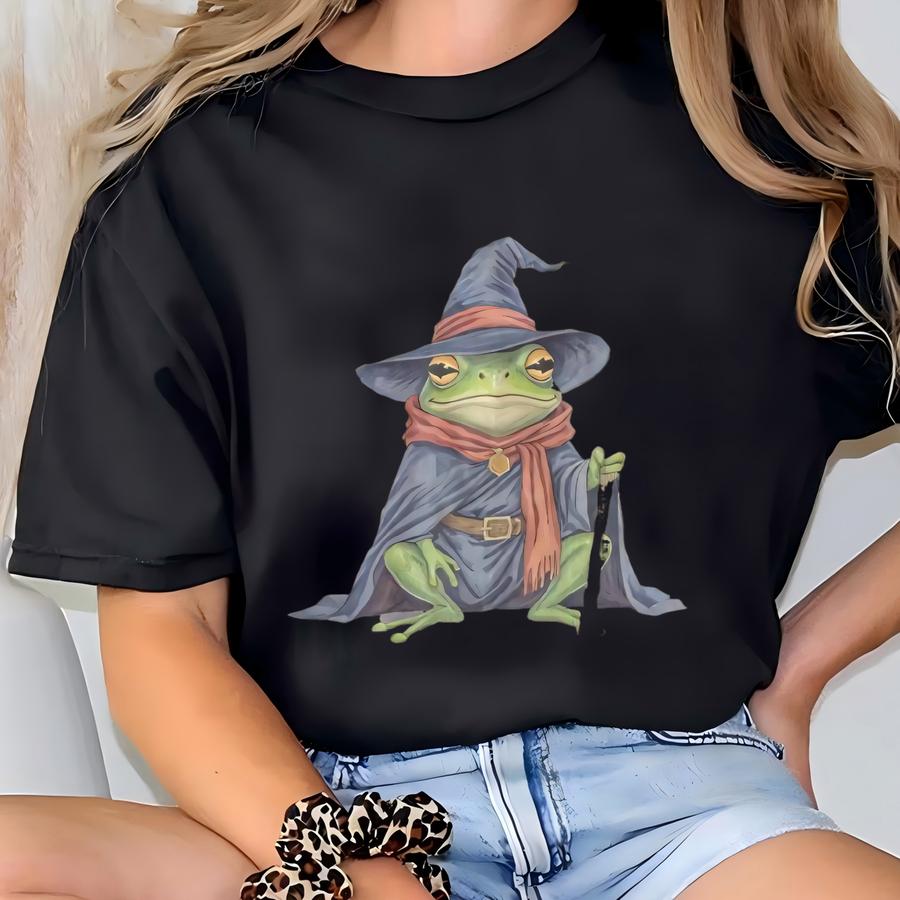 Wizard Frog Bleached Flannel Shirt Fantasy Witchy Plaid Top Halloween Magic Rustic Style T-shirt