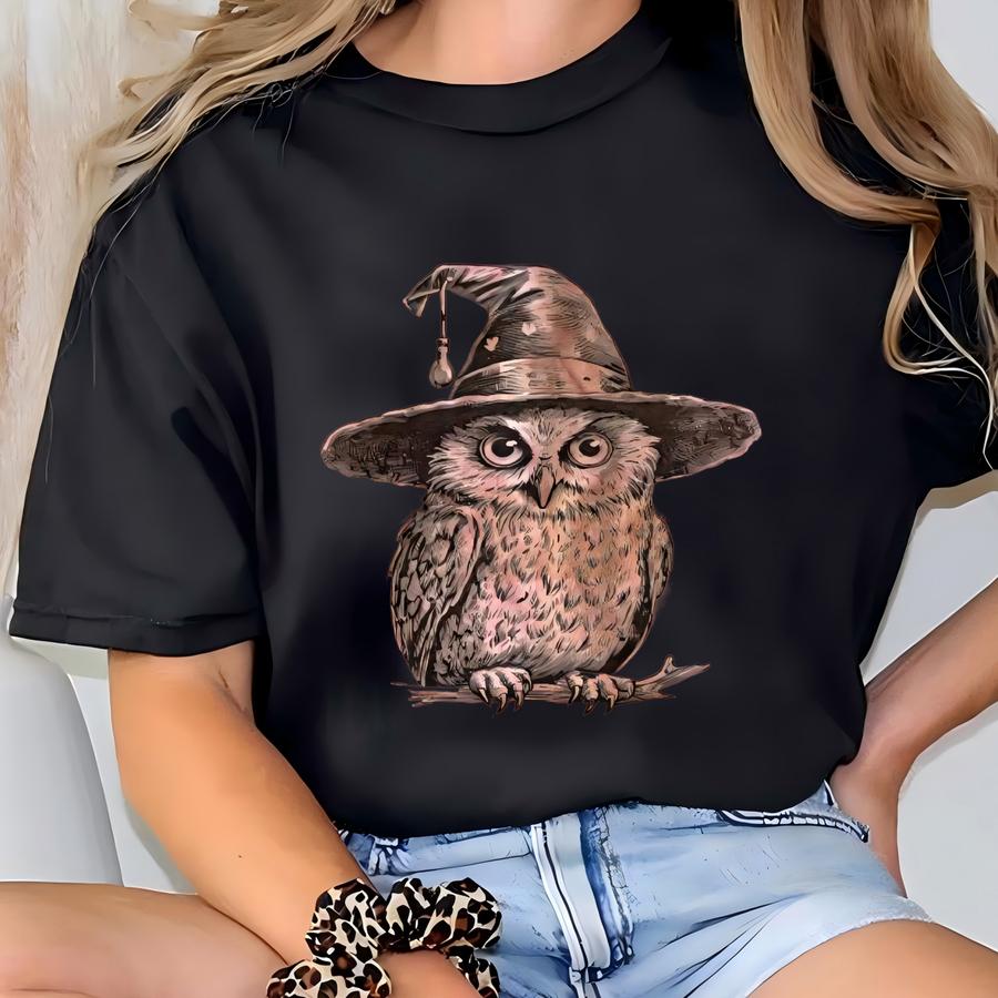 Witch Owl Bleached Flannel Shirt Halloween Spooky Plaid Top Rustic Witchy Fall T-shirt