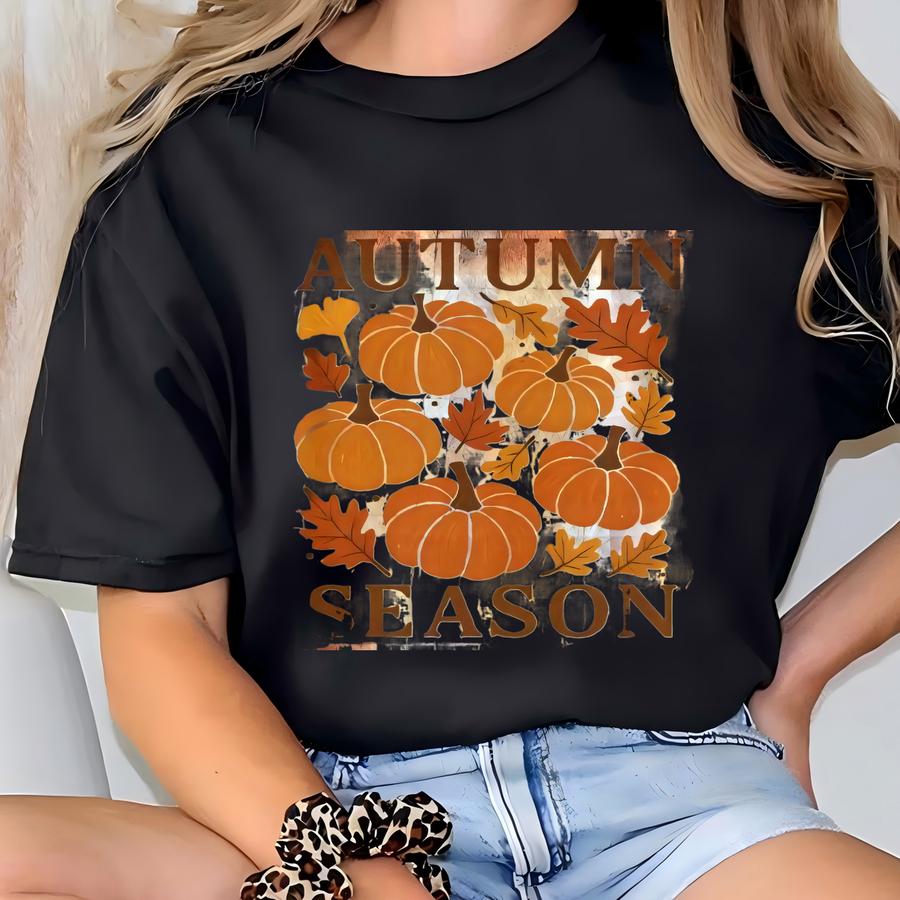 Autumn Season Pumpkins Bleached Flannel Shirt Rustic Plaid Fall Harvest Thanksgiving Top T-shirt