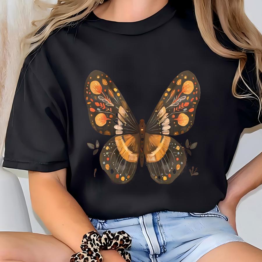Boho Butterfly Bleached Flannel Shirt Rustic Plaid Fall Fashion Nature Inspired Autumn Top T-shirt