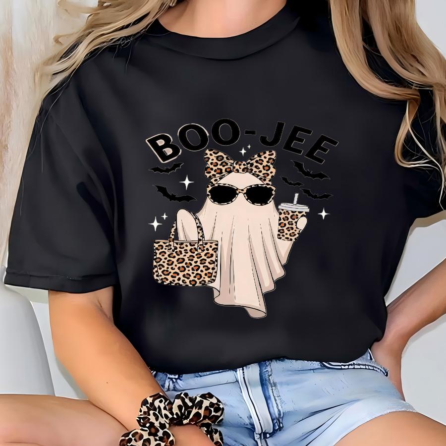 Halloween Sweatshirt, Boo Jee Leopard Print Ghost Tshirt, Halloween Coffee Ghost Shirt, Boujee Ghost Hoodie,spooky Season Tee,coquette Ghost T-shirt