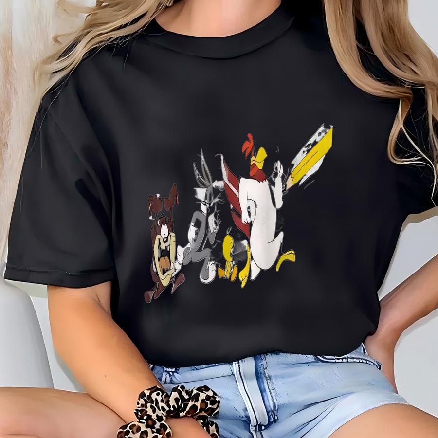 Vintage 90s Looney Tunes Sweatshirt Crewneck Pullover Tweety Bugs Bunny Tasmanian Devil Daffy Duck Foghorn Leghorn Print Logo Grey Large T-shirt