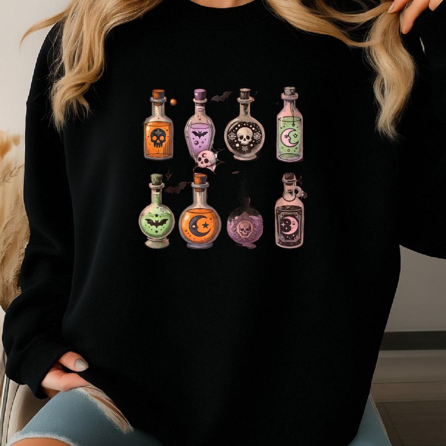 Pick Your Poison Bleached Flannel Shirt With Spooky Halloween Potion Bottle Graphic Sweatshirt