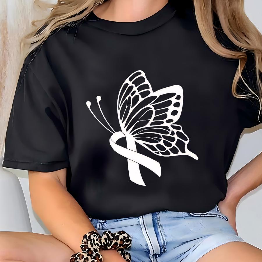 Lung Cancer Awareness Shirt, Butterfly Ribbon Shirt, Lung Cancer Survivor Shirt, White Ribbon Tee, Cancer Women Gift, Lung Warrior Hoodie T-shirt