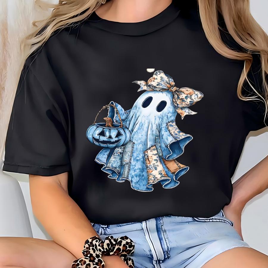 Retro Patchwork Style Halloween Blue Denim Ghost Shirt, Patchwork Spooky Ghost Pumpkin Hoodie, Halloween Girl Shirt, T-shirt