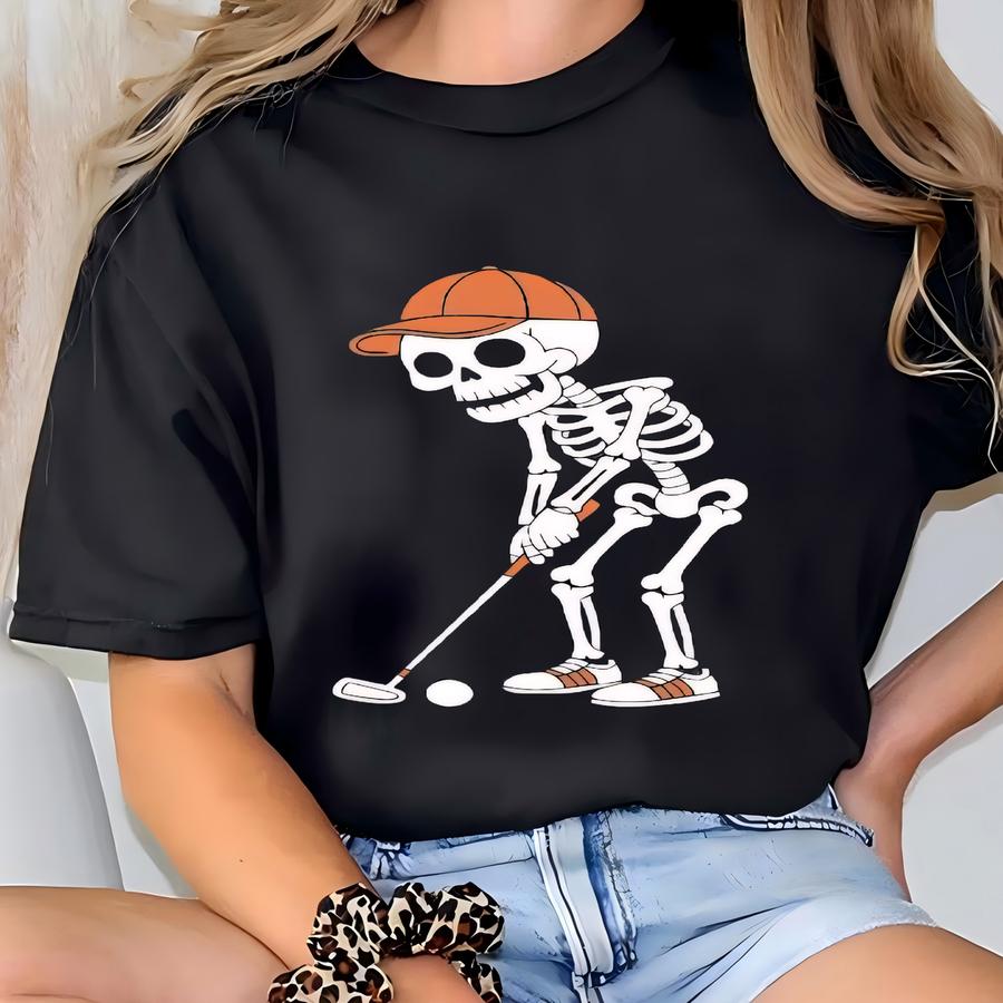 Pumpkin Skeleton Playing Golf Shirt, Halloween Golfing Shirt, Skeleton Sports Tee, Golf Shirt, Golf Dad Gift, Orange Cap, Gift For Golfer T-shirt