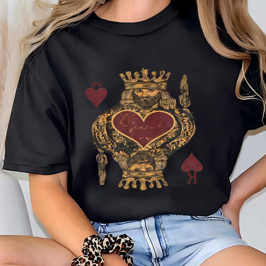 Upcycled Flannel Shirt: King Of Hearts Playing Card Graphic, Boho Western Style T-shirt