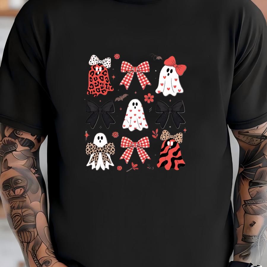 Coquette Red Leopard Ghosts Halloween Sweatshirt, Cute Ghost Halloween Girly Sweater, Boo-jee Girl Halloween Sweater, Halloween Gift T-shirt