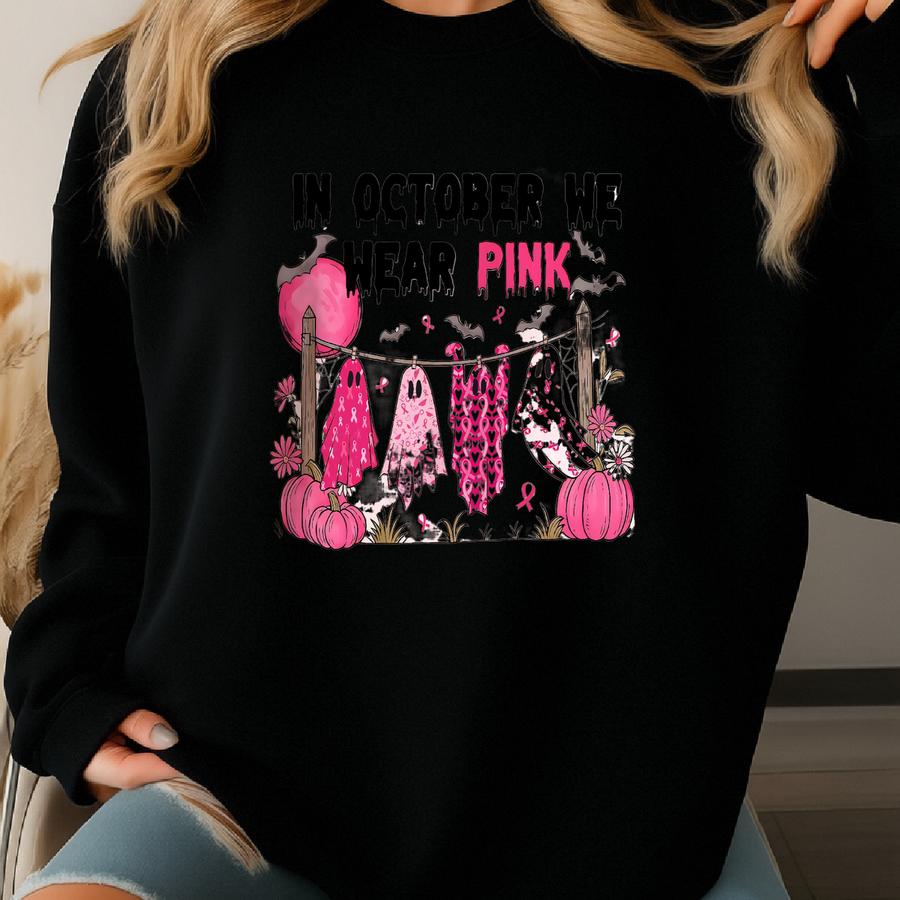 In October We Wear Pink Shirt, Cute Ghost And Pumpkin Tee, Breast Cancer Awareness Top, Pink Coquette Outfit, Support Halloween Shirt Sweatshirt