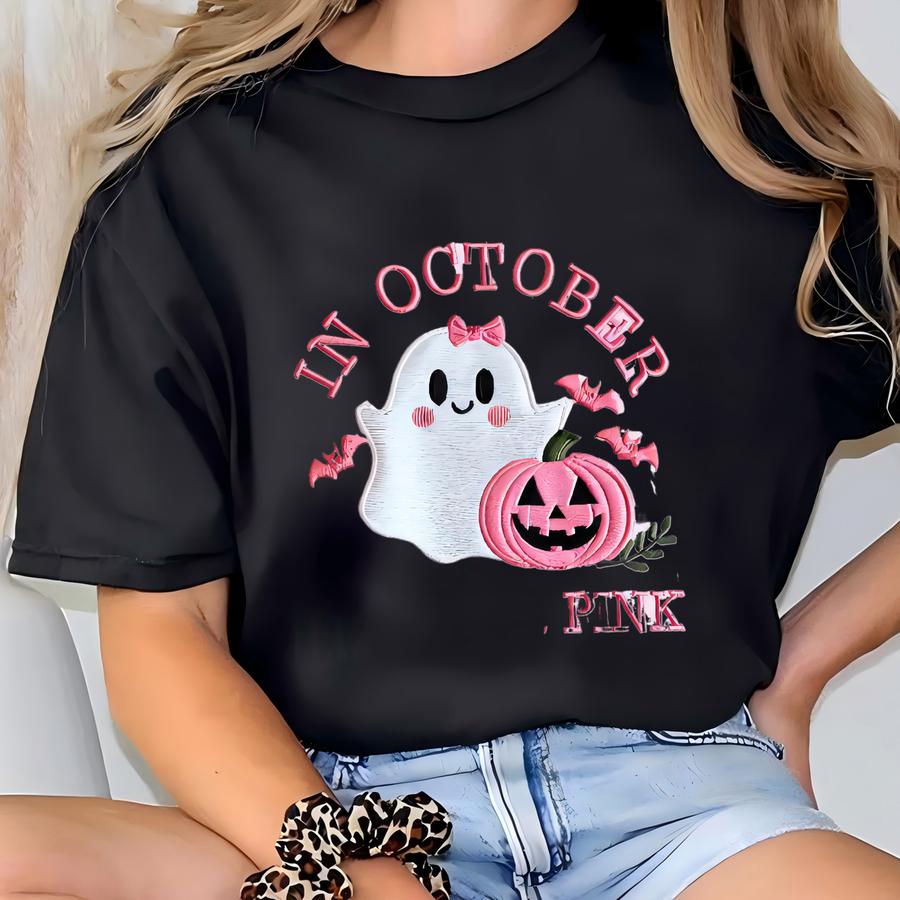 In October We Wear Pink Sweatshirt, Breast Cancer Awareness Shirt,retro Breast Cancer Shirt,halloween Pink Ghost Shirt,halloween T-shirt