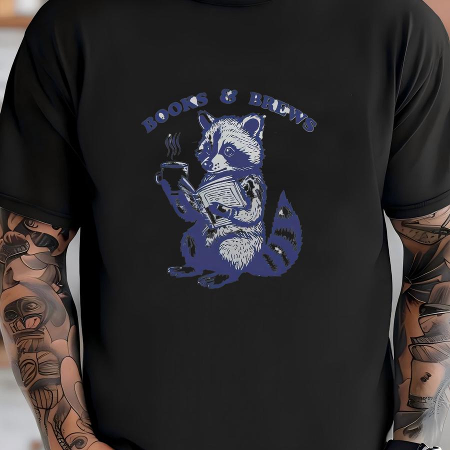 ® Funny Raccoon Books And Brews Shirt, Cute Raccoon Shirt, Bookworm Shirt, Book Lover T Shirt, Reading Teacher Hoodie T-shirt