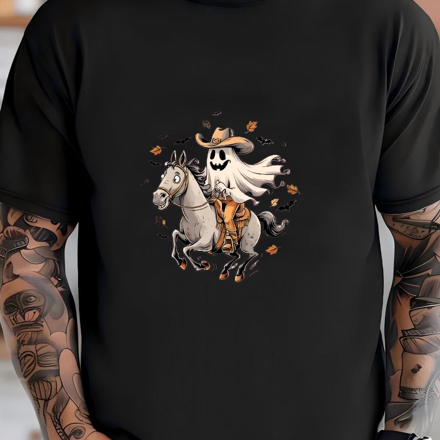 Boo Haw Halloween Sweatshirt, Western Ghost Cowgirl Riding Horse Graphic Top T-shirt