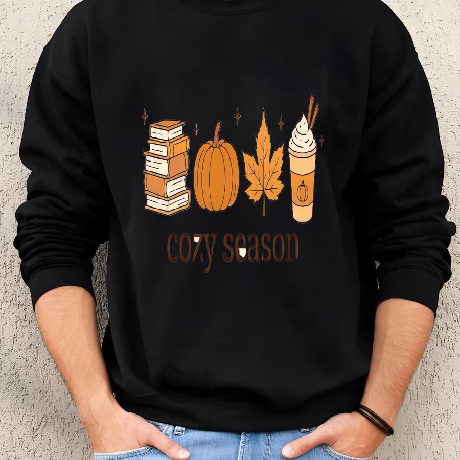 Cozy Season Shirt, Books Lover Fall Gift, Womens Pumpkin Season Shirt, Cute Pumpkin Shirt, Autumn Leaf Shirt, Fall Coffee Latte Shirt Sweatshirt