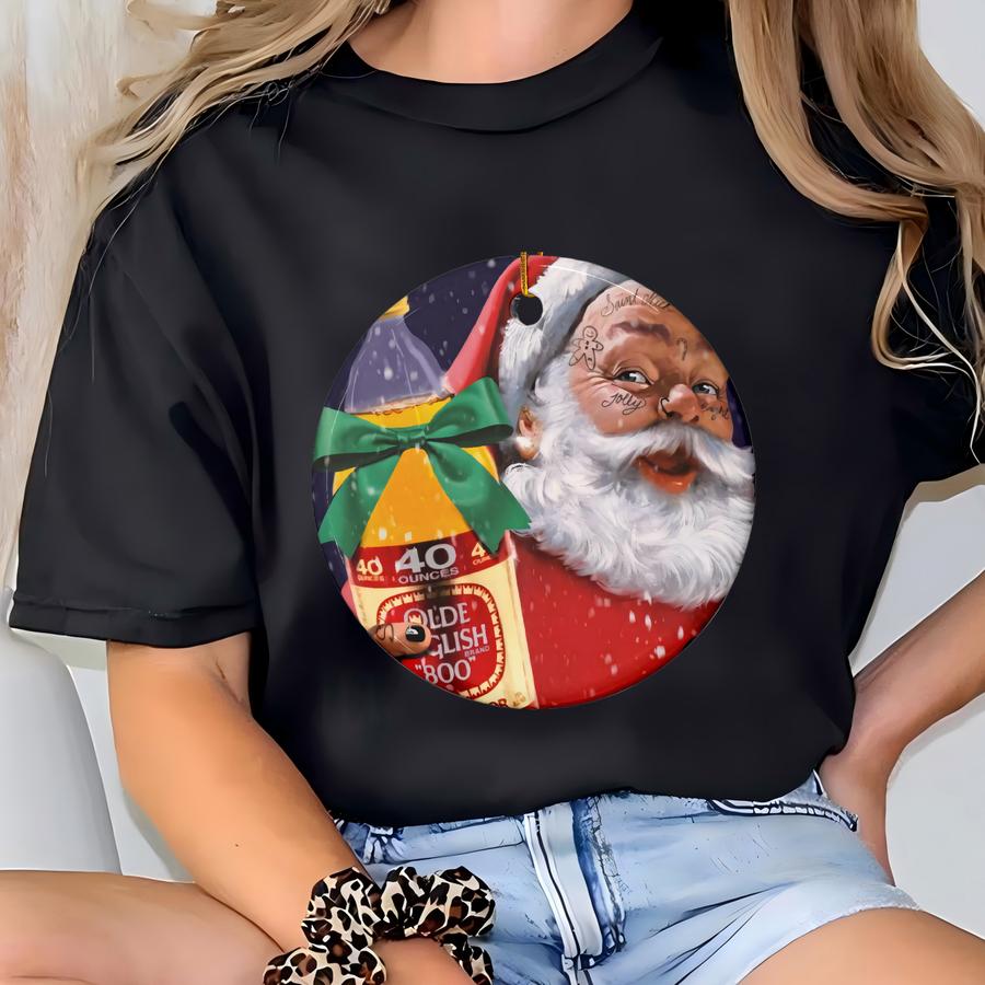 Ceramic Santa Ornament Funny Beer Drinker Gift Reto Santa With A Twist Christmas Decorations Coworker Ornament Swap Rebel Ole St. Nick T-shirt