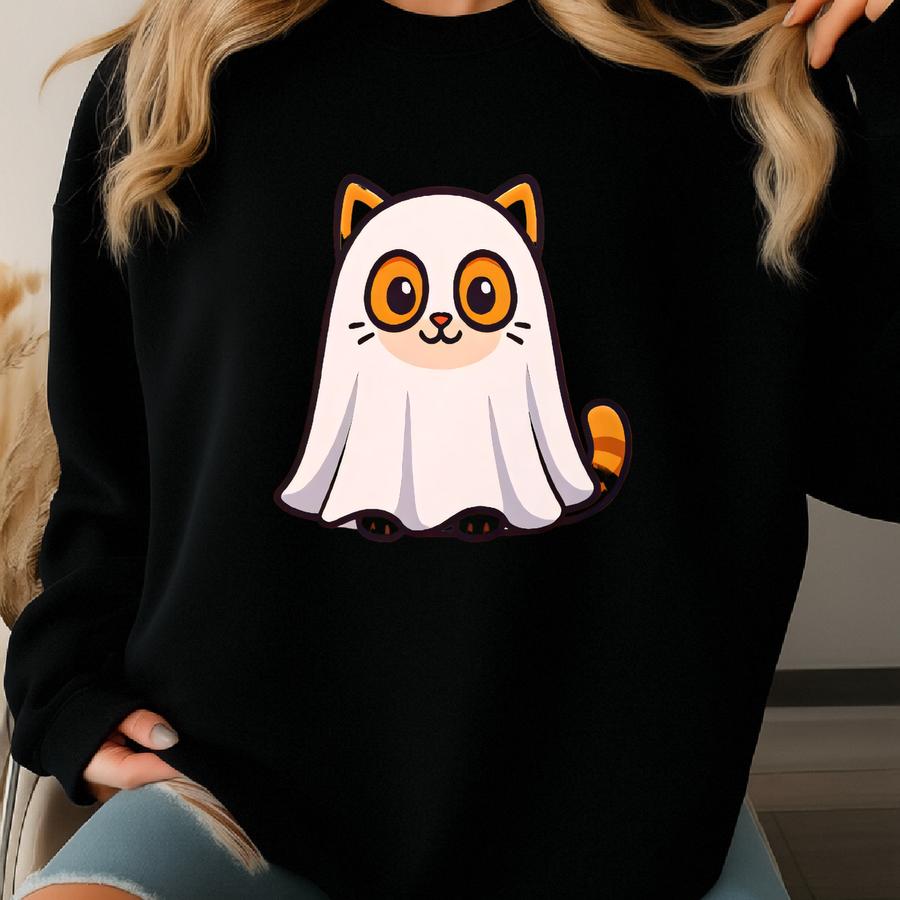 Ghost Cat Meme Halloween Shirt, Spooky Season Cat Tee, Funny Kitten Graphic T-shirt, Cute Cat Lover Gift, Trick Or Treat Halloween Outfit Sweatshirt