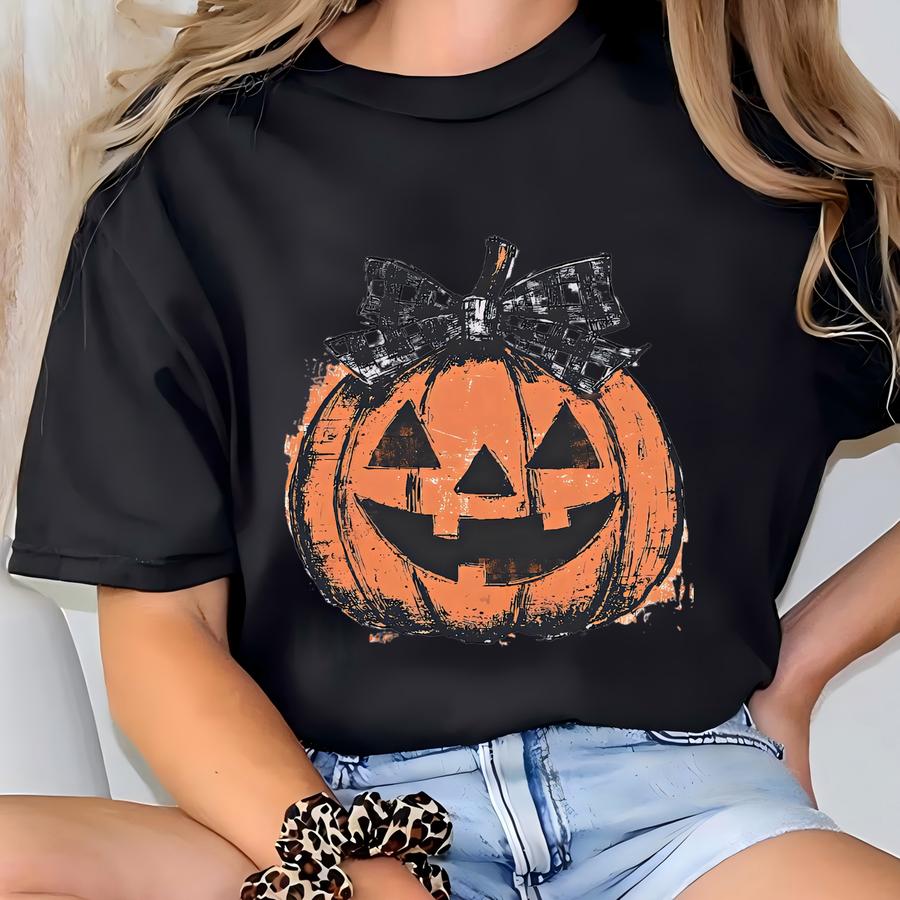 Retro Preppy Fall Pumpkin Sweatshirt, Halloween Jack O’ Lantern Hoodie, Ditsy Floral, Girly Autumn Hoodie, Checkered Bow Sweatshirt T-shirt