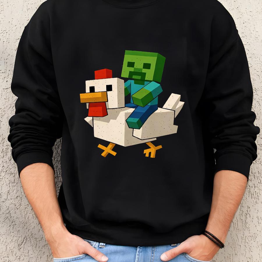 Minec Movie T-shirt, Chicken Jockey Shirt, Cartoon Graphic Shirt For Chicken Lovers, Funny Farm Animal Tee, Chicken Jockey, Gamer Gift Sweatshirt