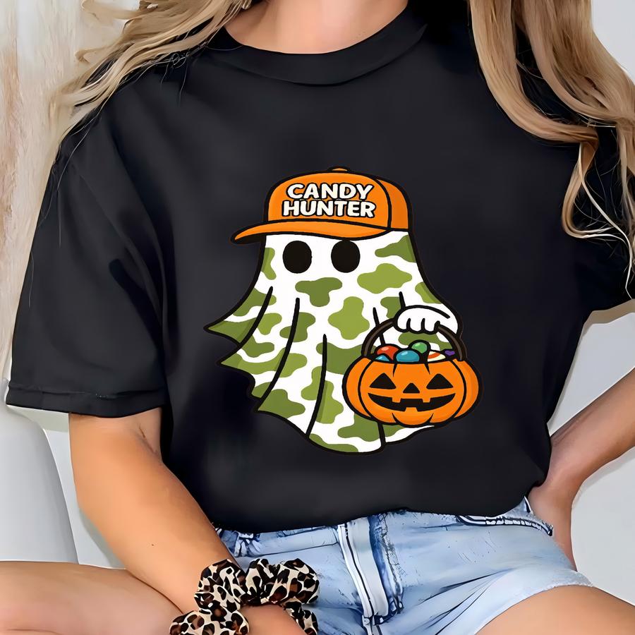 Comfort Color Candy Hunter, Camo Ghost Shirt, Halloween Spooky, Boys Halloween Shirt T-shirt
