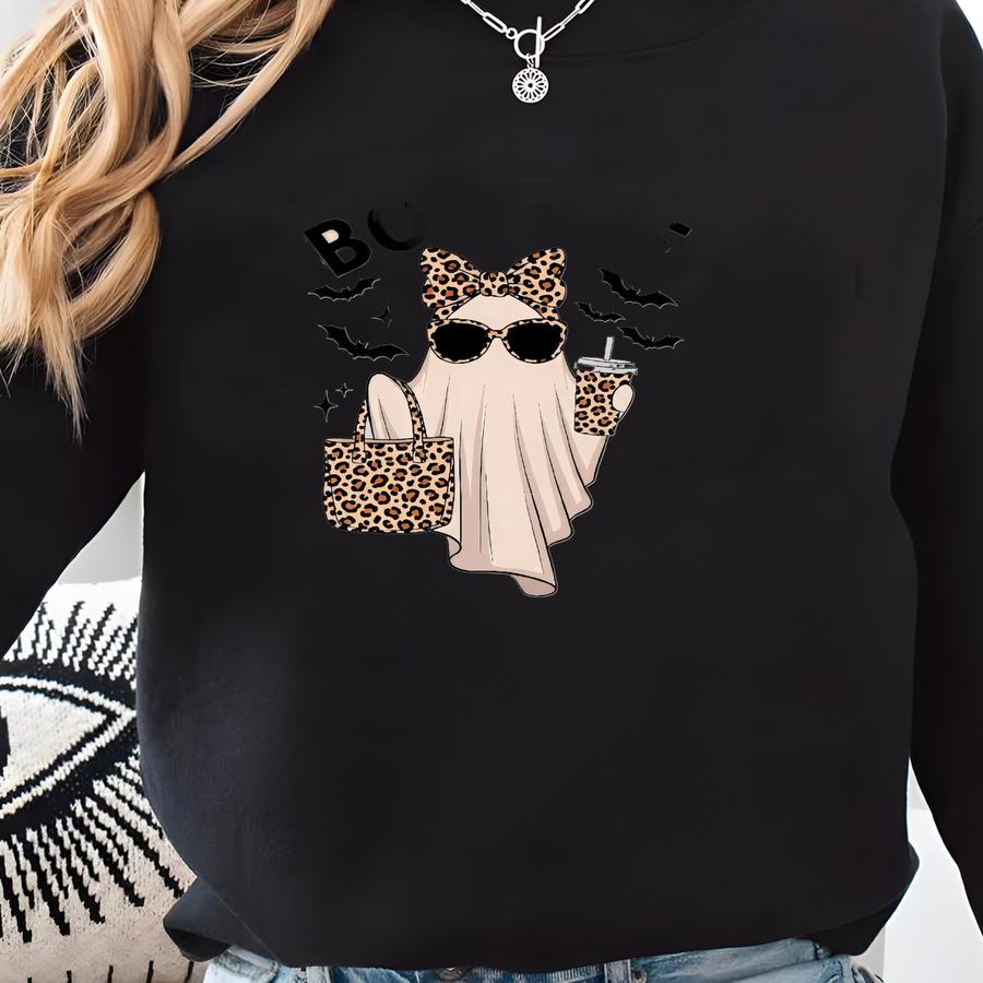 Boo-jee Ghost Halloween Sweatshirt: Leopard Ghost Coffee Sweatshirt, Girly Halloween Gift, Spooky Season Retro Fall Sweatshirt Sweatshirt