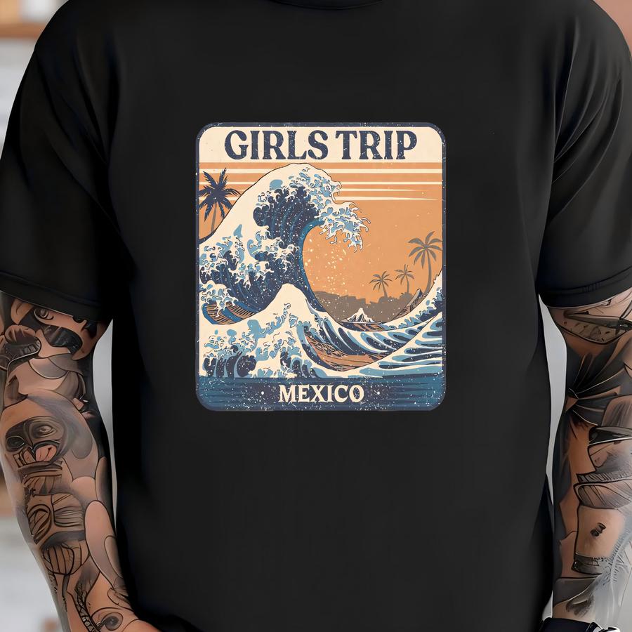 Custom Retro Girls Trip Shirt: Personalized Location Beach Vacation Crewneck Tee T-shirt