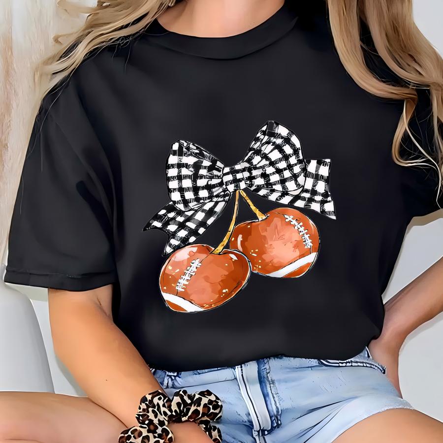 Football Cherries Bow Shirt – Cute Game Day Graphic Tee For Women T-shirt