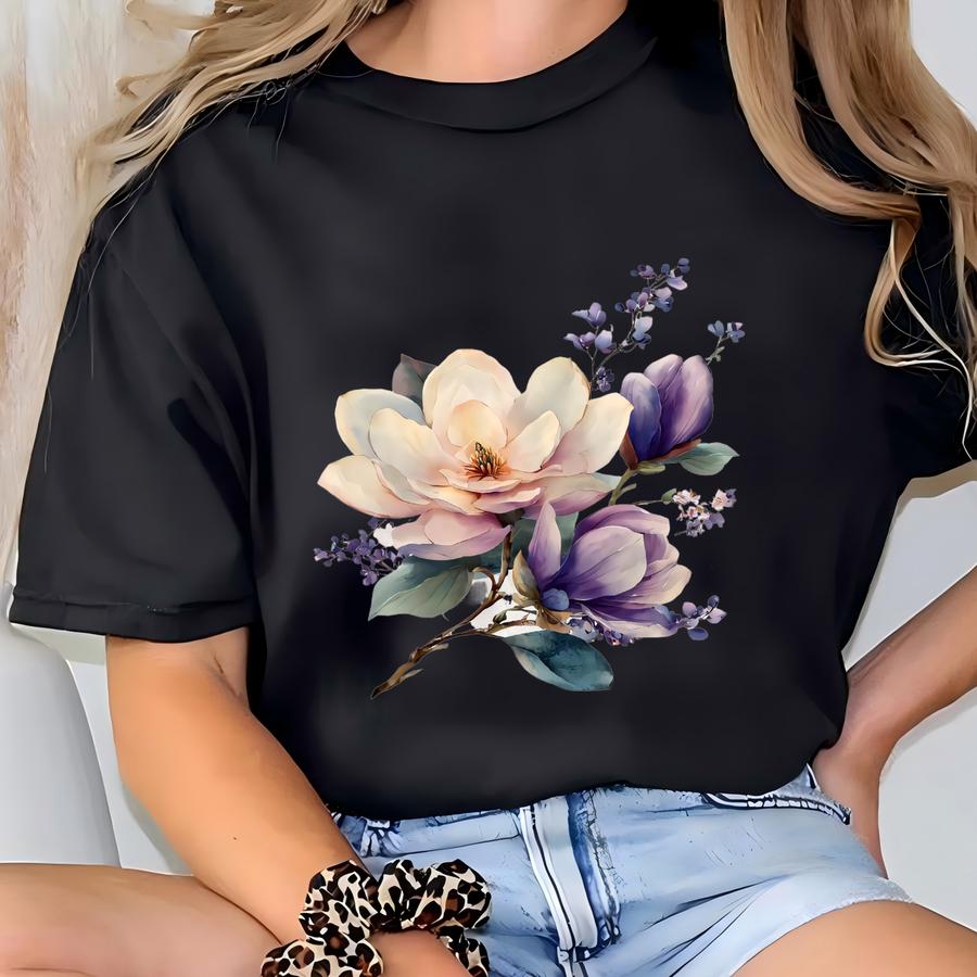 Floral Bouquet Shirt – Watercolor Flower Graphic Tee, Magnolia And Lavender Hoodie, Botanical Spring Top, Garden Nature Outfit  Sku4 21 T-shirt
