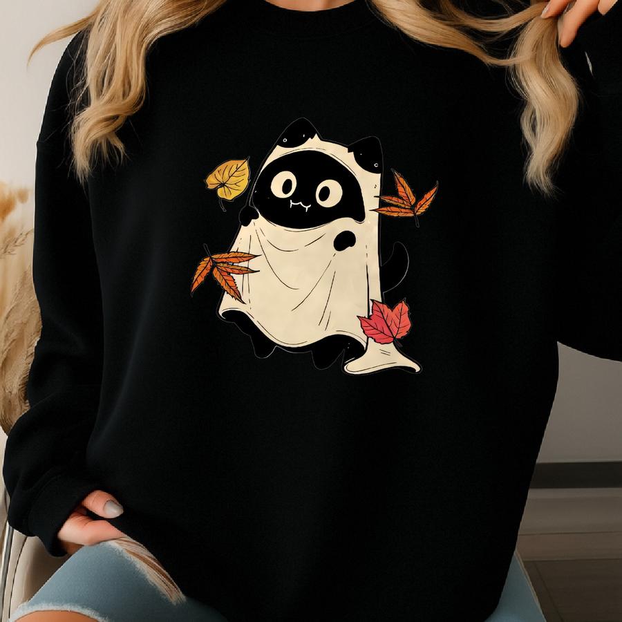 Black Cats Fall Shirt, Black Cats And Fall Leaves Tee, Cute Halloween Cat Tee, Autumn Cat Shirt, Cozy Cat Lover Gift Sweatshirt