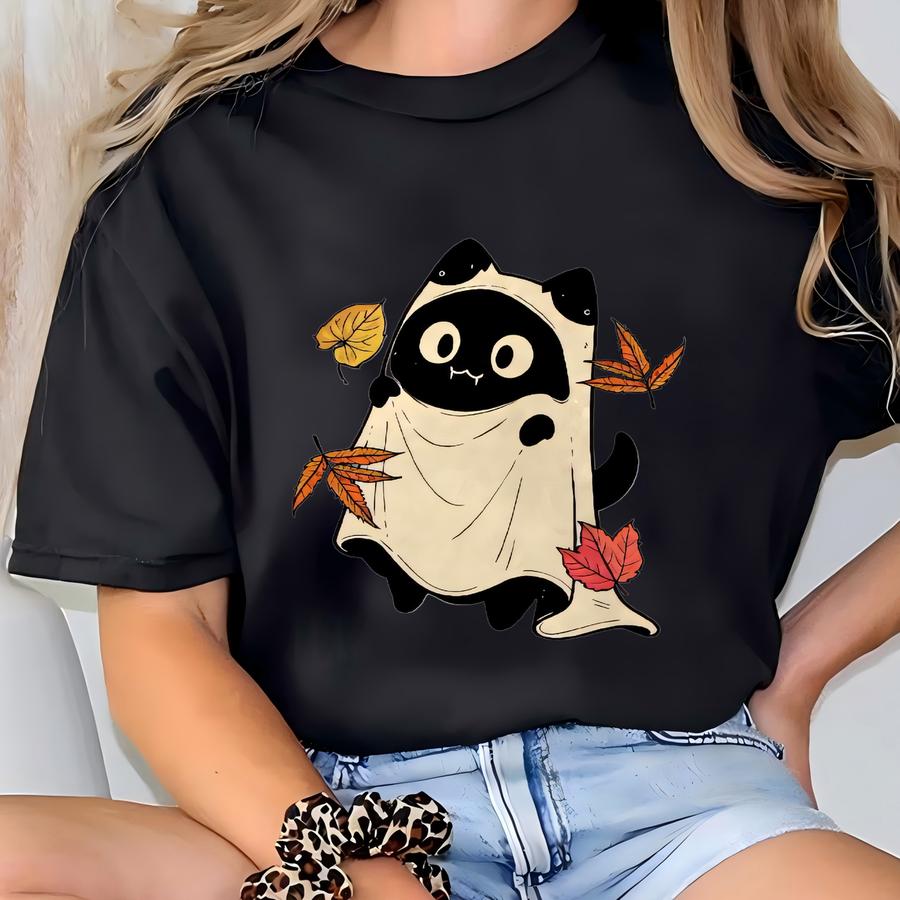 Black Cats Fall Shirt, Black Cats And Fall Leaves Tee, Cute Halloween Cat Tee, Autumn Cat Shirt, Cozy Cat Lover Gift T-shirt