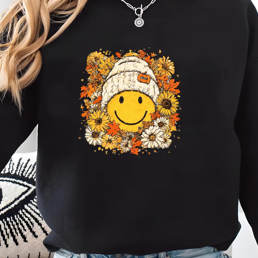 Floral Face With Pumpkin Sweatshirt, Spooky Season Sweater, Thanksgiving Sweatshirt Gift, Floral Fall Sweatshirt, Happy Face Shirt Sweatshirt