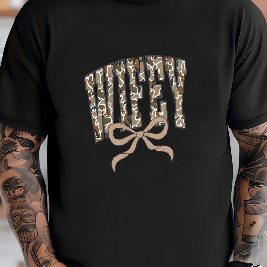 Distressed Country Camo Wifey With Bow Sweatshirt T-shirt