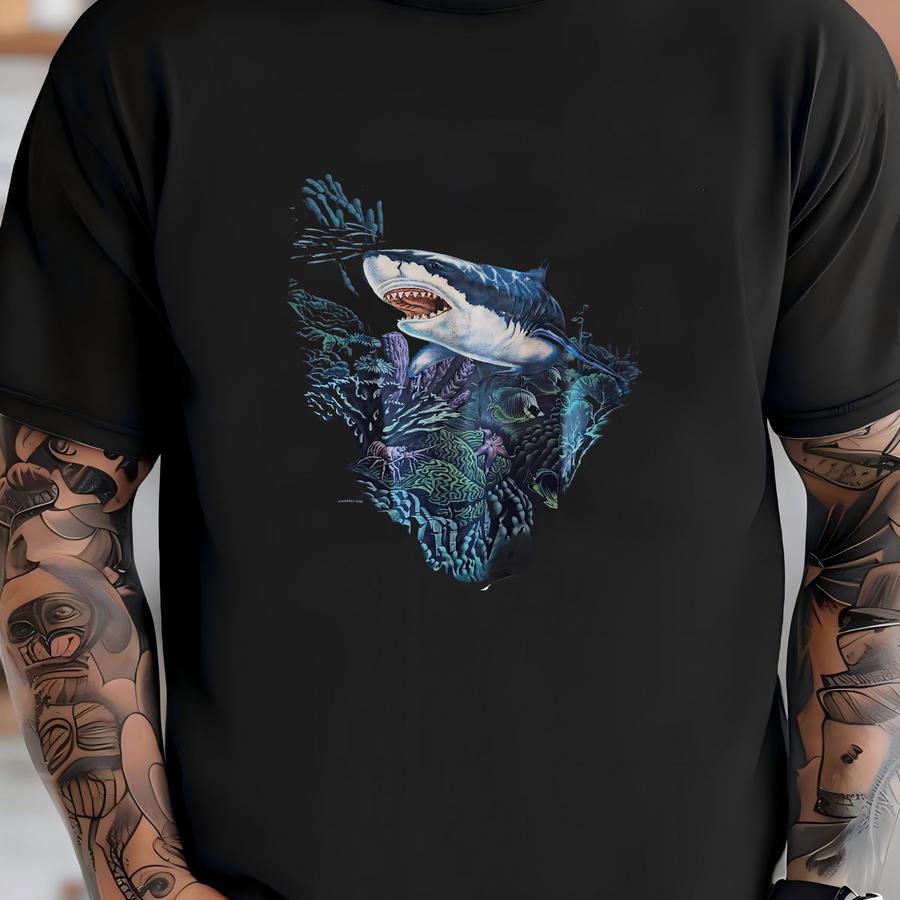 Vintage Habitat Shark Sea Life Hoodie Mens Large Blue 90s Fish Ocean Surf Retro T-shirt