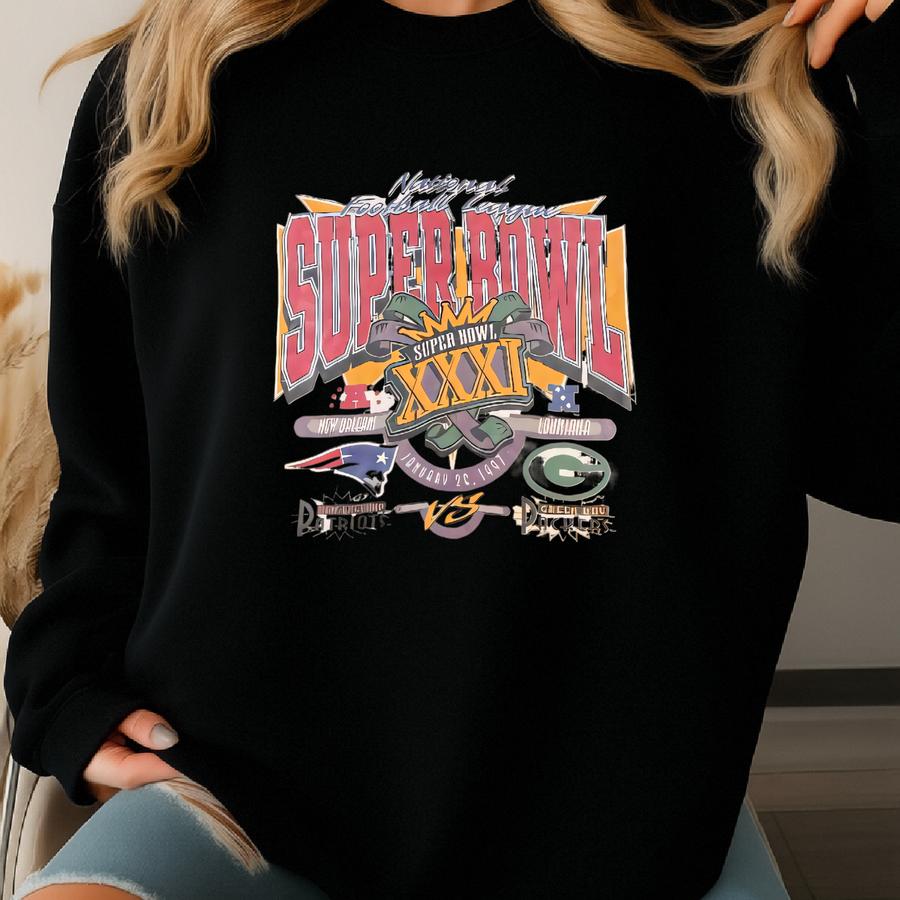 Vintage Super Bowl Xxxi Long Sve Shirt Size Large L 1997 New Orleans Football New England Patriots Green Bay 1990s 90s Sweatshirt