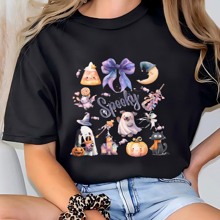Spooky Halloween Coquette Crewneck Sweatshirt, Cute Watercolor Halloween Collage Shirt, Ghost Dog And Black Cat Pastel Sweatshirt T-shirt
