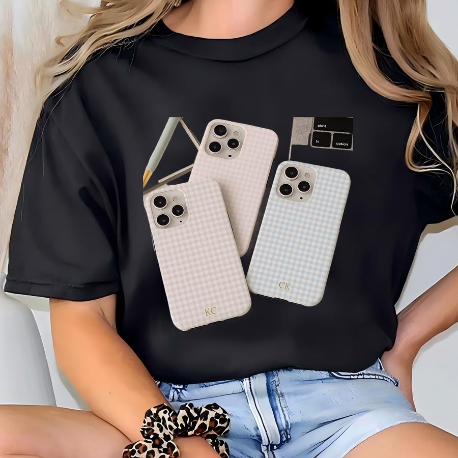 Personalized Gingham Phone Case Gold Custom Initials, Iphone 17 16 15 14 13 12 Pro Max Plus Air, Galaxy S25 S24 S23 S22 S21 Google Pixel 9 8 T-shirt