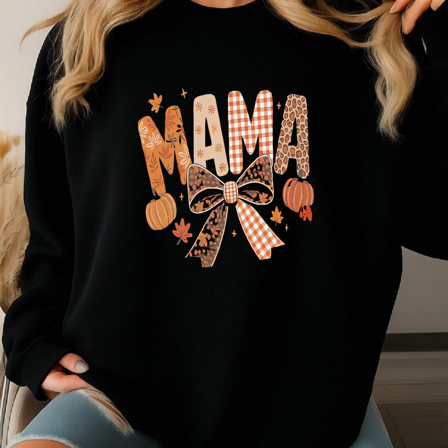 Fall Mama Shirt: Coquette Bow, Pumpkin Season Mom Tee Sweatshirt